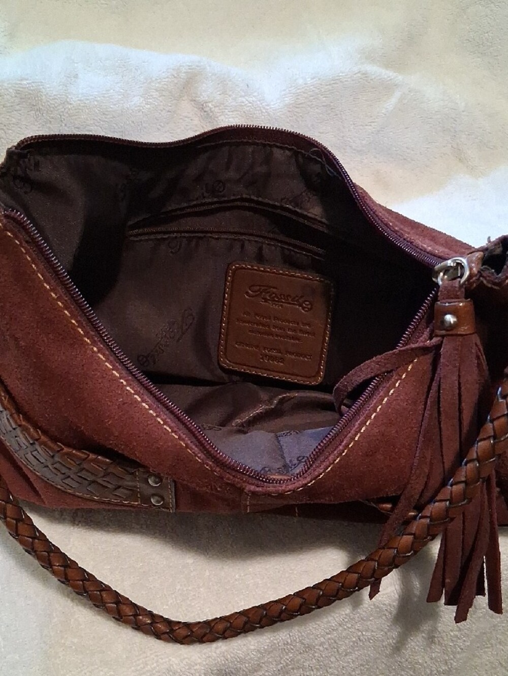 Fossil Brown Suede Braid I 7ed Shoulder Bag with Tassel - Picture 6 of 14